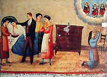 Vincenzo Grimaldi has tuberculosis. His physician and several female relatives tend to him in his home while a family member prays to the Martyred Saints Alfio, Cirino,and Filadelfo for his swift recovery, 1927, oil on tin.  From the Santuario dei Ss. Martiri Alfio, Cirino e Filadelfo, (Sanctuary of the Martyred Saints Alfio, Cirinio, and Filadelfo), Trecastagni, Sicily.