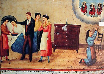 Vincenzo Grimaldi has tuberculosis. His physician and several female relatives tend to him in his home while a family member prays to the Martyred Saints Alfio, Cirino,and Filadelfo for his swift recovery, 1927, oil on tin.  From the Santuario dei Ss. Martiri Alfio, Cirino e Filadelfo, (Sanctuary of the Martyred Saints Alfio, Cirinio, and Filadelfo), Trecastagni, Sicily. Courtesy Giuseppe Maimone Editore, Catania and Mario Alberghina.