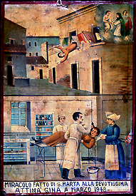 Gina Attina falls from a second story window and injures her head. A doctor, his assistant, and a nurse attend to her wounds at the local hospital. "A miracle is performed by Saint Martha for the most devoted Gina Attina in March 1948." Oil on tin, 1948. Courtesy Giuseppe Maimone Editore, Catania and Mario Alberghina.