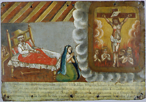 A man lies in bed with a bandaged head and a crutch on the floor beside his bed while a woman prays to the Lord of Mercy (Señor de la Misericordia) for the recovery of the man from his injuries. This ex-voto was created to thank the Lord of Mercy for the restoration of the man's health. Man recovering from injuries, oil on tin, n.d., Courtesy The University Art Gallery, New Mexico State University.