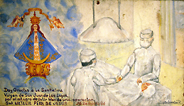 A woman lies on an operating room table while two surgeons watch over her.  The Holy Virgin can be seen among the clouds at the left of the scene. "I give thanks to the Holy Virgin of San Juan of the Lakes (Santicima Virgen de San Juan de Los Lagos) for the miracle of coming out of an operation well.  Miss Natalia Peña de Jesus, 26th August 1966." Woman on operating table, oil on canvas board, Courtesy Kalarte Gallery.