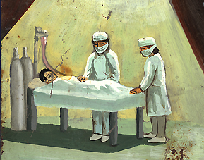 This modern ex-voto gives thanks for the recovery of a young boy from an operation.  Two surgeons are shown in their scrubs and surgical masks while the boy lies on the operating room table connected to modern medical equipment. 1969, oil in tin, 13-1/5 x 10-1/5, Mexico. Courtesy Historia Antiques.