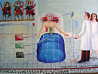 Giovanni Puglisi lies in a hospital bed connected to monitoring equipment while attended to by his doctors. Having undergone several operations, prayers were offered to Saints Alfio, Cirino, and Filadelfo for his recovery. "A miracle granted for Giovanni Puglisi.  First operation on 30 .1.1980, Second on 8.1.80, ACIS Antonio." Above this inscription are these additional words naming the doctors who treated him—"I was operated by Prof. Latteri. I was cured by Doctor Messina." Courtesy Giuseppe Maimone Editore, Catania and Mario Alberghina.