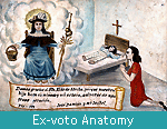 A deity with a halo above their head floats above the scene of a child lying stricken in a bed with her mother kneeling in prayer. Ex-voto Anatomy is written in white lettering on an aquamarine background below the image.