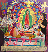 When my husband Juan Jose died I was very sad and heartbroken because we were in love and I couldn't accept the idea of not seeing him anymore.  I prayed to the Virgen asking her to see him and she gave me the gift that every Day of the Dead when I have made my offering altar, my husband appears for a few seconds and thus his image is always intact in my memory and I have consolation to continue living without him. Oil on tin, 2008. Courtesy Private Collection.