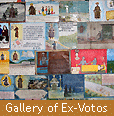 A gallery of ex-votos. Below the image is written in white lettering on a gold background below the image.