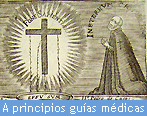 Un hombre vestido con ropas sacerdotales se encuentra cerca de una cruz toda su longitud, rodeado por un haz de luz blanca. A principios guías médicas está escrito en letras blancas sobre un fondo azul.