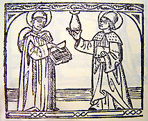 This woodcut shows two figures in robes, most likely the author Alonzo Lopez de Hinojosos (right) and a saint, each holding instruments used to make pharmaceuticals. From the title page of Summa y Recopilación de Cirugía by Alonzo López de Hinojosos. NLM Unique ID 8909226.