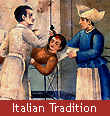 A doctor, his assistant, and a nurse attend to a girl's wounds at the local hospital. Italian tradition is written in white lettering on a red background below the image.