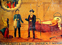 Sabastiano Gunsolo, lying on a bed, suffers from smallpox clearly visible as red marks on his face, chest, arms, and feet, oil on tin. From the Chiesa dell'ospedale Santa Marta, (Church of the hospital of Saint Martha), Catania, Sicily. Courtesy Giuseppe Maimone Editore, Catania and Mario Alberghina.