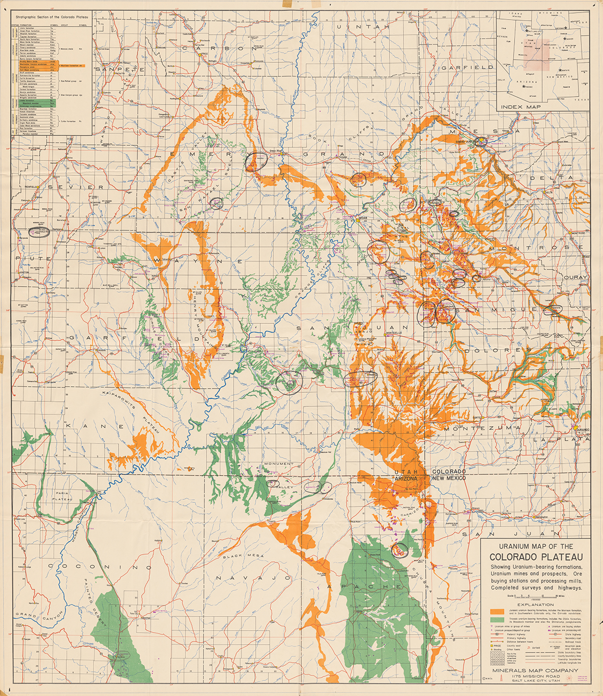 A green and orange map of the Colorado Plateau, United States.
