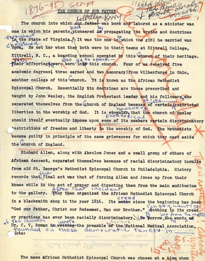 Page with typewritten text and handwritten edits and underlines.