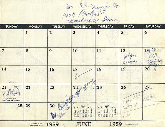 Calendar page with handwritten text.