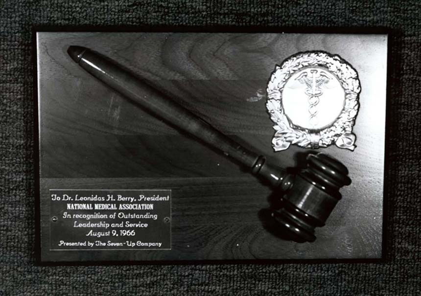 Plaque with a mounted gavel and medal.