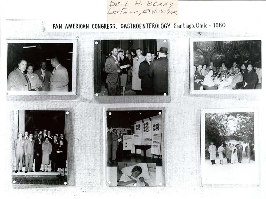 Collage of photos featuring attendees from the Pan American Congress in Chile 1960. Handwriting on back.