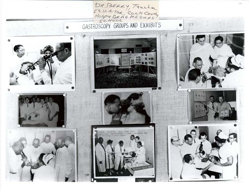 Collage of photos featuring Dr. Berry using medical
 instruments and others associated with Gastroscopy groups and exhibits.