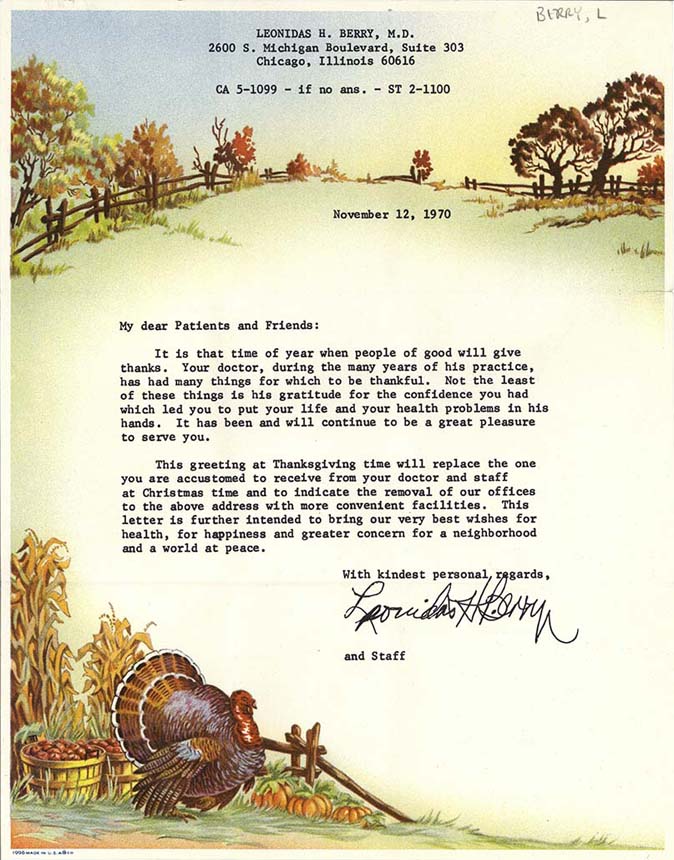 Page with typewritten text and a themed border with a turkey and farm landscape.