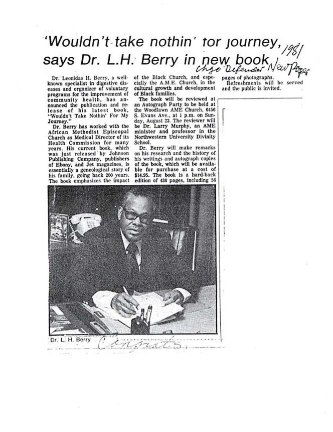Page with typewritten text and a photo of Dr. Berry at a desk with his book.