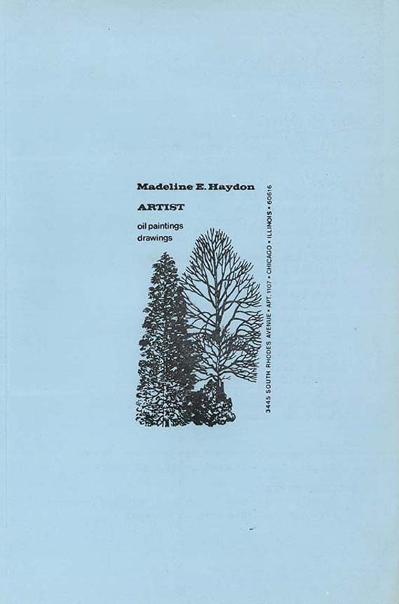 Page with typewritten text and a drawing of two trees.