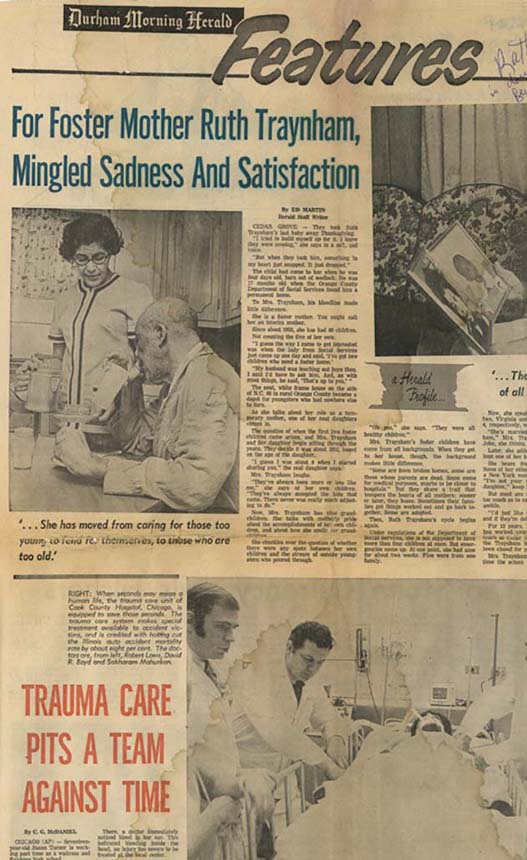 Page with typewritten text and photos of physicians working.