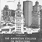 Front of brochure with typewritten text and city skyline background.