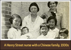 White female nurse stands with Chinese woman and seven children.
