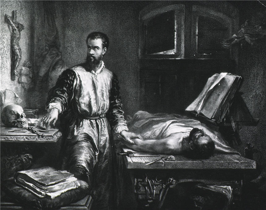 A man (Andreas Vesalius) stands in a cluttered room reaching for a scalpel, by a cadaver on a table.