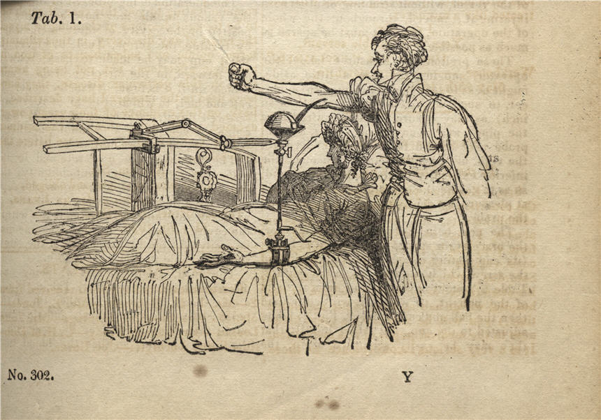Funnel-like instrument connects left arm of woman lying in bed to right arm of man standing nearby.
