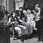 A group of men and women surround a woman in a bed receiving a transfusion from a seated man.