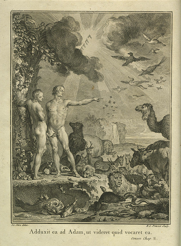 Man and woman stand nude on a rock ledge, surrounded by wildlife; man's left is arm is outstretched.