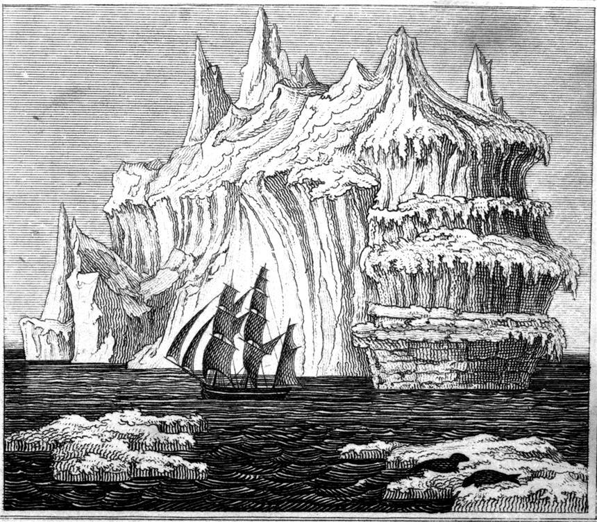 A ship with raised sails on dark waters in front of tall cliffs of ice.