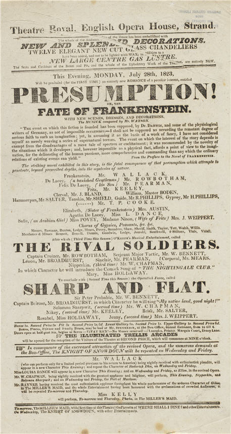 Fate of Frankenstein listed on playbill among an evening’s performances at an English Opera House.