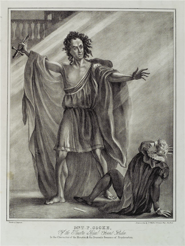 Ethereal man in a tunic standing with outstretched arms over a man on the ground.