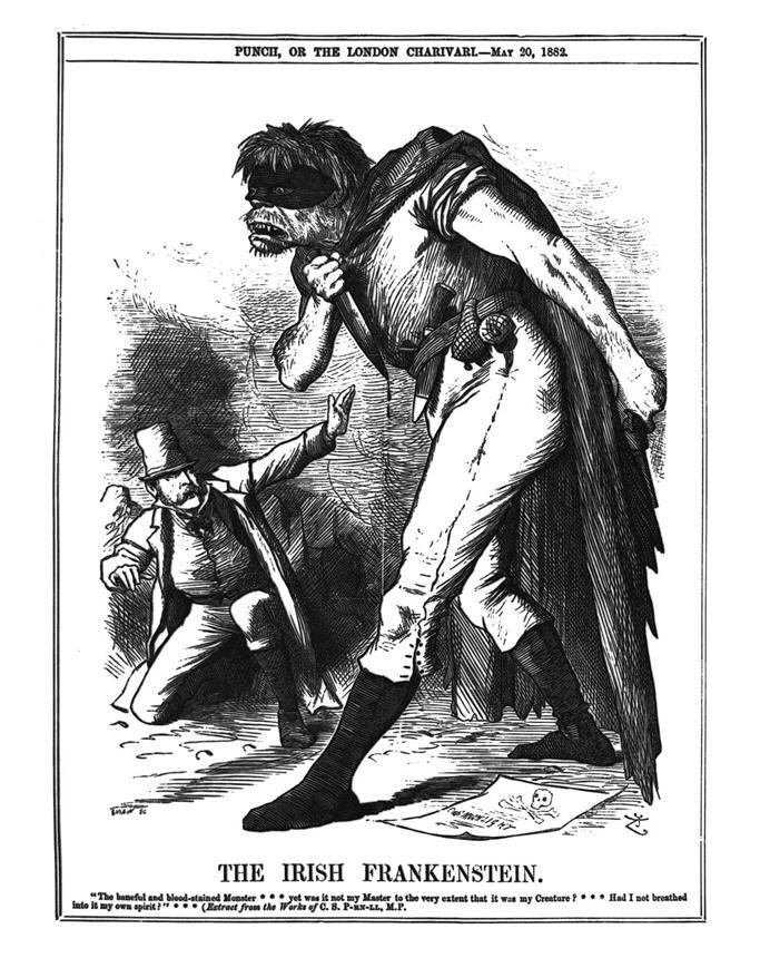 Hairy, muscular giant in mask and cape towers over kneeling man in coat and top hat.