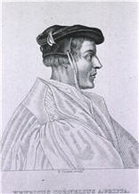 A man's right profile, wearing a dark cap and white gown.
