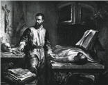 A man (Andreas Vesalius) stands in a cluttered room reaching for a scalpel, by a cadaver on a table.