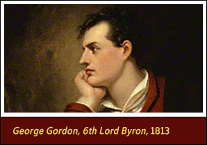 <a href='carousel13.html'>3. <i>George Gordon, 6th Lord Byron</i>, 1813</a><h4><em>George Gordon, 6th Lord Byron</em>, oil on canvas, 1813</h4>
<h5>Artist:  Richard Westall (1765–1836)</h5>
<h5>Courtesy © National Portrait Gallery, London</h5><p>A British Romantic poet and political liberal, Lord Byron entertained the Shelley party during the wet, uncongenial summer of 1816. During that time, he and Percy Bysshe Shelley engaged in extended conversations about the “principle of life,” to which Mary Shelley was a silent listener.</p> 