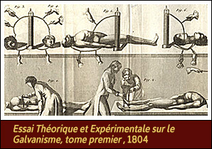 <a href='carousel31.html'>1. <em>Essai Théorique et Expérimentale sur le Galvanisme, tome premier</em>, 1804</a><h4>Illustration from <em>Essai Théorique et Expérimentale sur le Galvanisme, tome premier</em> (Theoretical and Practical Essay on Galvanism, first volume), 1804</h4>
<h5>Author: Giovanni Aldini (1762–1834)</h5>
<h5>Courtesy National Library of Medicine</h5><p>In Giovanni Aldini’s demonstrations, the application of electrical current produced twitching of the eye and other movements.</p> 