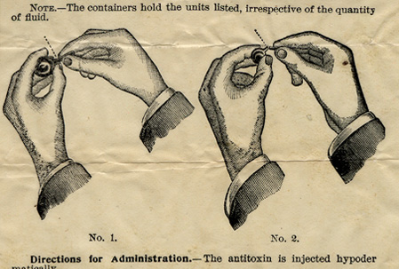 Drawing of two hands opening a serum ampule and a drawing of two hands using a syringe to draw up serum from a small ampule.