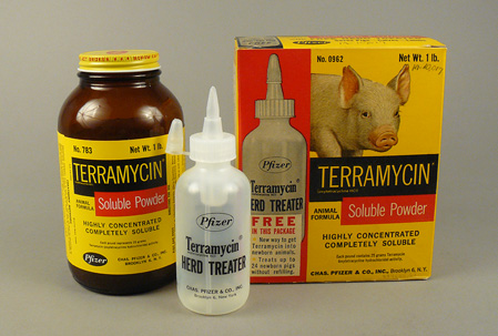Box, bottle, and plastic dispensing bottle of Terramycin powder with a picture of a pig on the box.