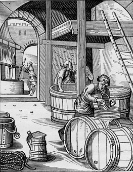 Three men working at large uncovered wood beer vats under a high vaulted structure.
