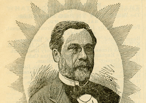 Head and shoulders drawing of Louis Pasteur surrounded by a starburst pattern.