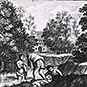 Person wading in water and two others among lush trees in landscape. Large house in background.