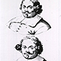 Moustached, curly haired person with a round ball-like thing placed near his ears.
