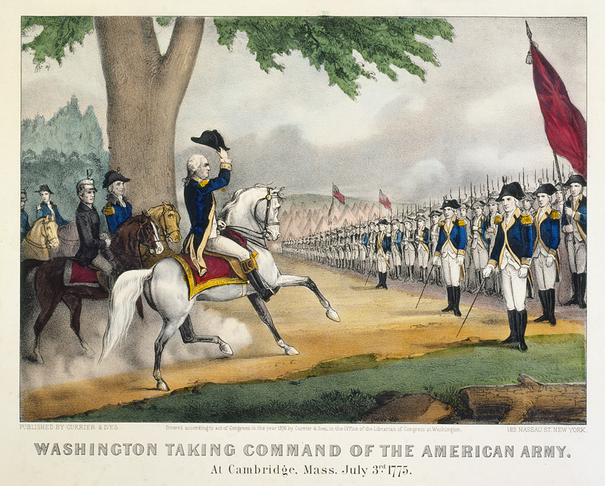 Washington on a white horse saluting with his hat towards rows of soldiers.