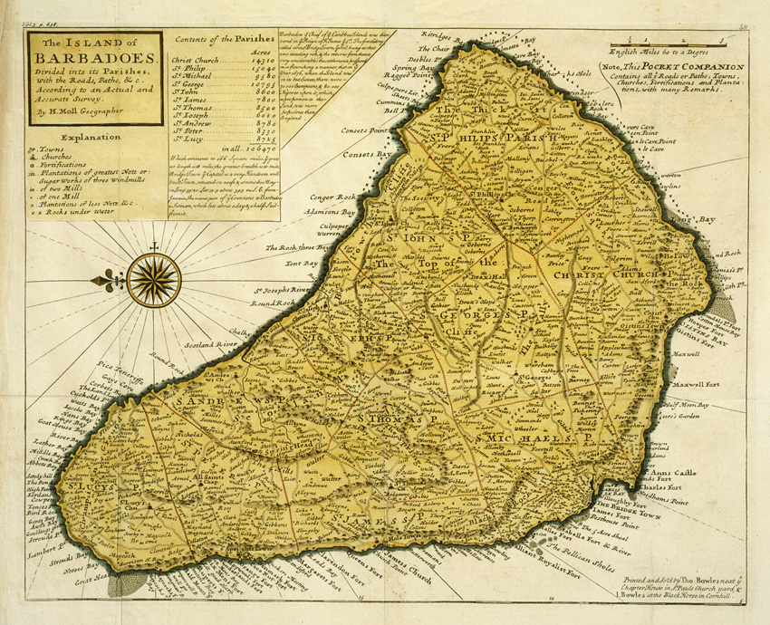 Detailed map of Barbados with compass and key.