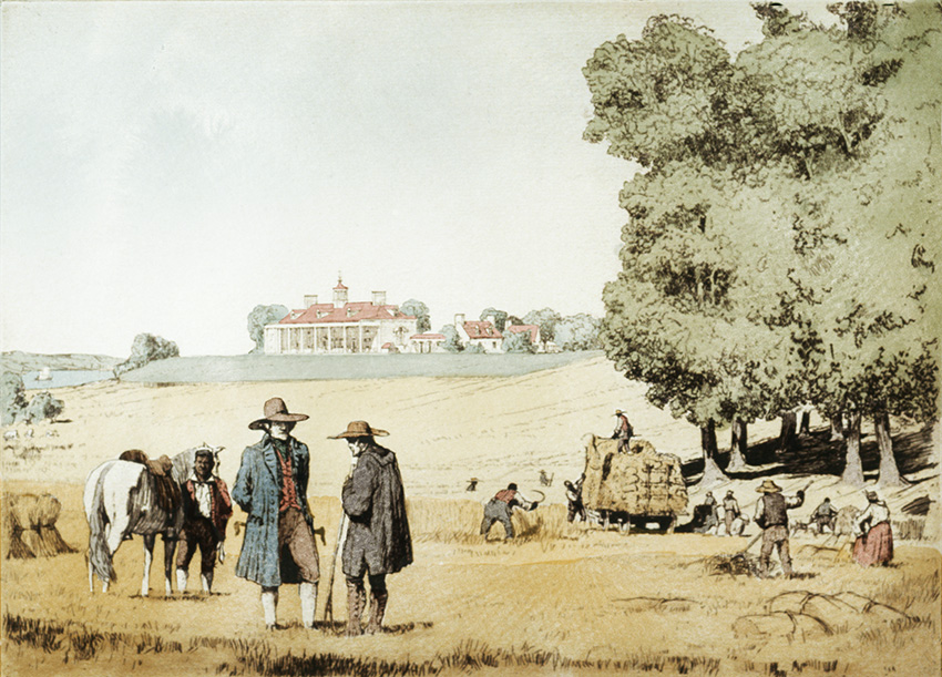Farm landscape with horses and men. Mount Vernon in background with people sowing the land.