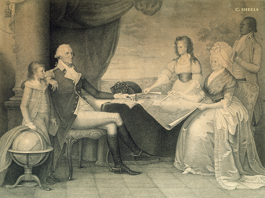 Washington and family seated at the table with Martha pointing to something on a large map.