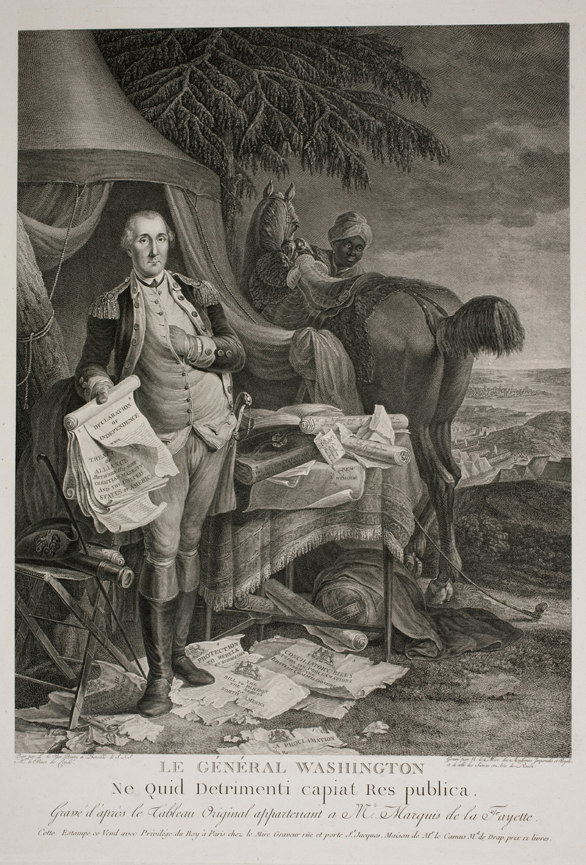 Washington at his tent with a scroll of papers. William Lee in a turban tending to horse on right.