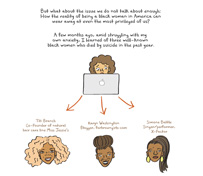 Drawing of an African American woman looking at a laptop while three other African American women appear below 